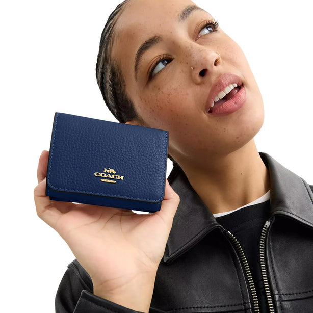 Coach Card Holder Wallet In Signature Canvas in Tan/ Deep Blue CZ034
