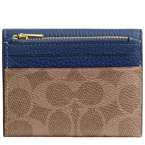 Coach Card Holder Wallet In Signature Canvas in Tan/ Deep Blue CZ034