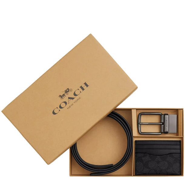 Coach Boxed Card Case And Belt Set In Signature Canvas - Charcoal/ Black CW351