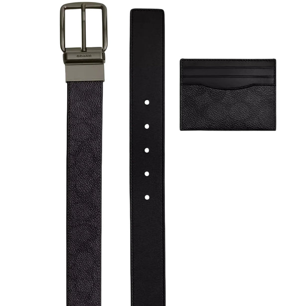 Coach Boxed Card Case And Belt Set In Signature Canvas - Charcoal/ Black CW351