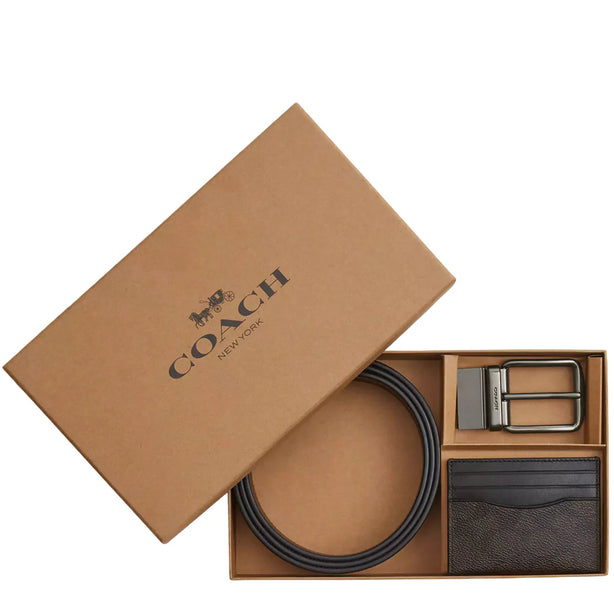 Coach Boxed Card Case And Belt Set In Signature Canvas - Walnut/ Black CW351