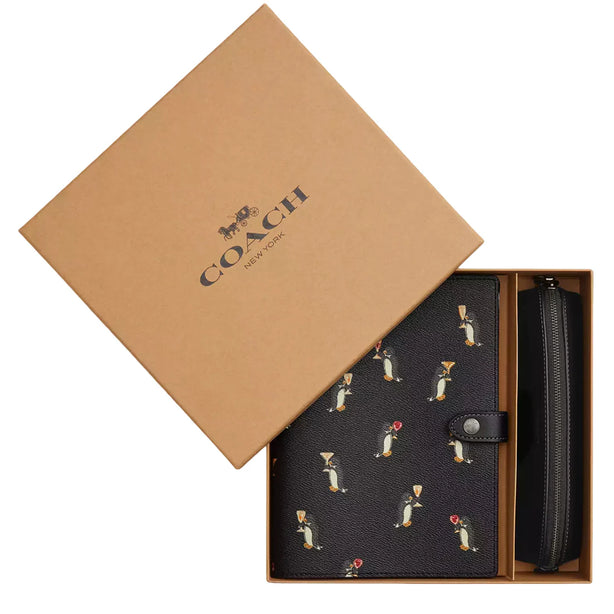 Coach Boxed Notebook And Pencil Case Set With Penguin Print - Black Multi CCP98