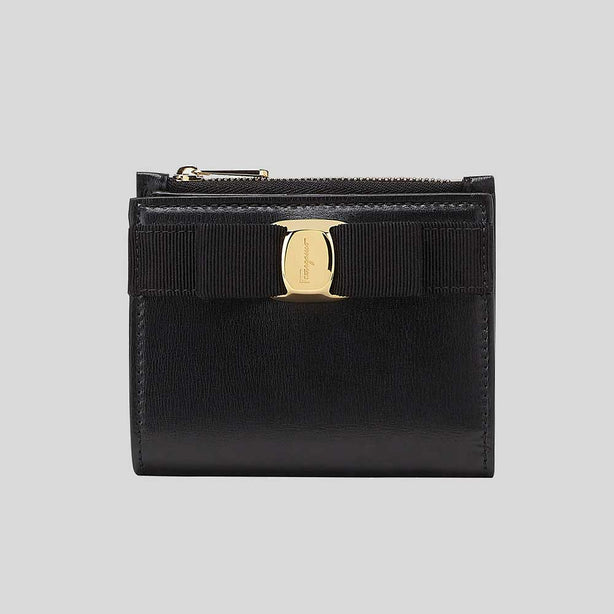 FERRAGAMO Vera Bow Calf Leather Compact Wallet Black RB-22E009