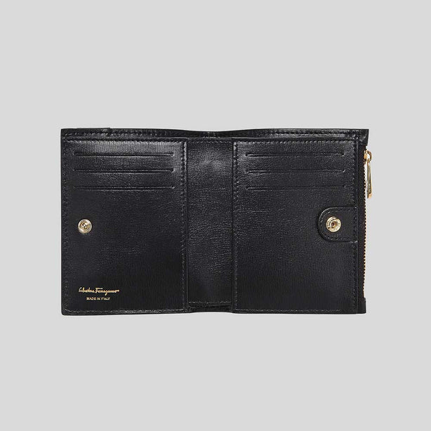 FERRAGAMO Vera Bow Calf Leather Compact Wallet Black RB-22E009