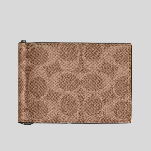 COACH Slim Money Clip Billfold Wallet In Signature Canvas Tan/Black RB-CY059