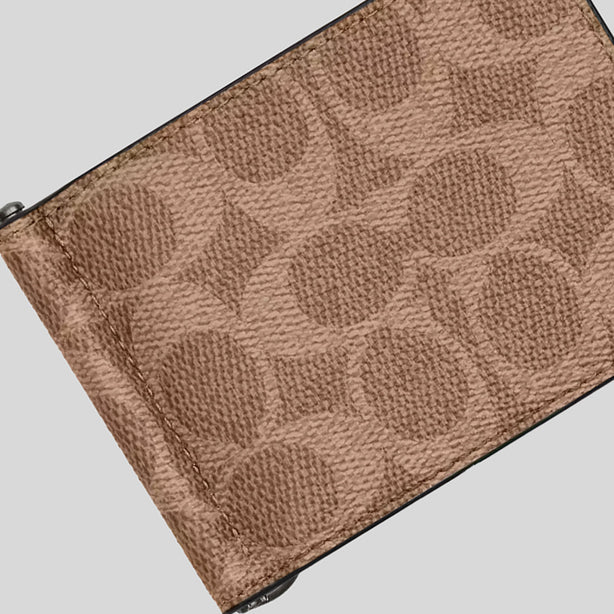 COACH Slim Money Clip Billfold Wallet In Signature Canvas Tan/Black RB-CY059