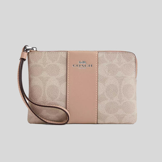 COACH Corner Zip Wristlet In Signature Canvas With Stripe Sand/Taupe RB-CW854