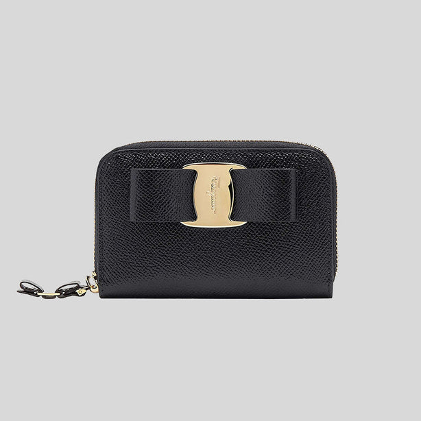 Ferragamo Vera Bow Card Case Small Wallet Black RS-725290
