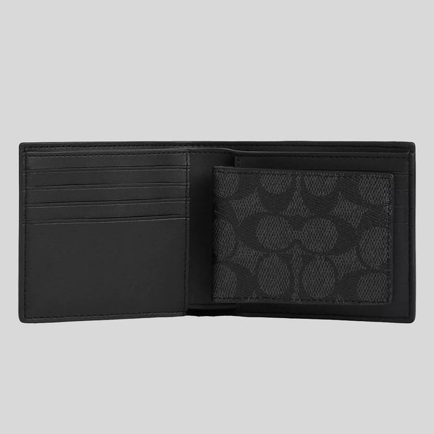 COACH Men's 3 In 1 Wallet In Signature Canvas Charcoal/Black RS-CW380