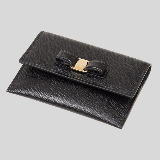Ferragamo Vara Bow Calf Leather Small Card Holder Black RS-683522