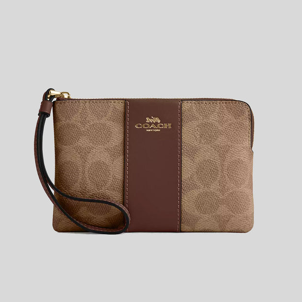 COACH Corner Zip Wristlet In Signature Canvas With Stripe Tan/Brown RB-CW854