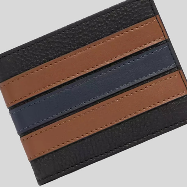 COACH Slim Billfold Wallet With Varsity Stripe Black Saddle RB-3003