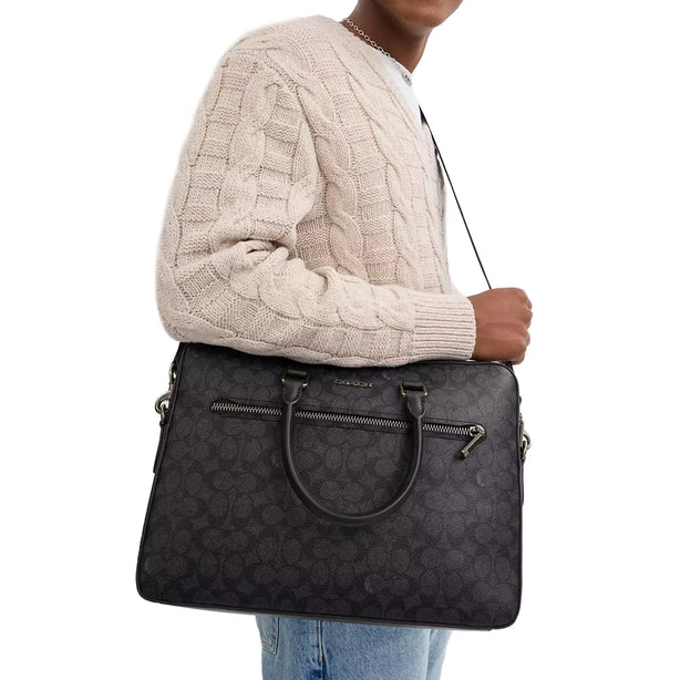 Coach Ethan Slim Brief Bag In Signature Canvas  in Charcoal/ Black CV917