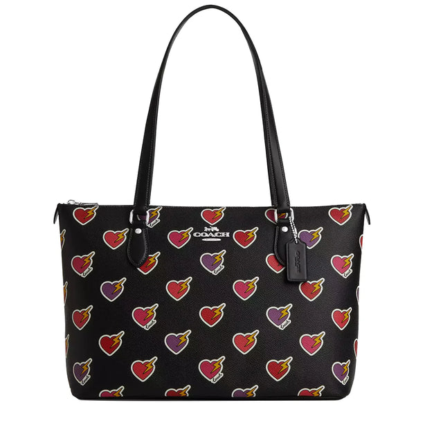 Coach Gallery Tote Bag With Heart Bolt Print in Black Multi CW434