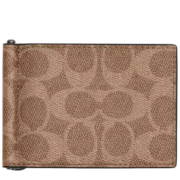 Coach Slim Money Clip Billfold Wallet In Signature Canvas in Tan/ Black CY059