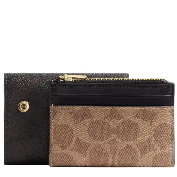 Coach Card Holder Wallet In Blocked Signature Canvas in Walnut/ Tan CZ446