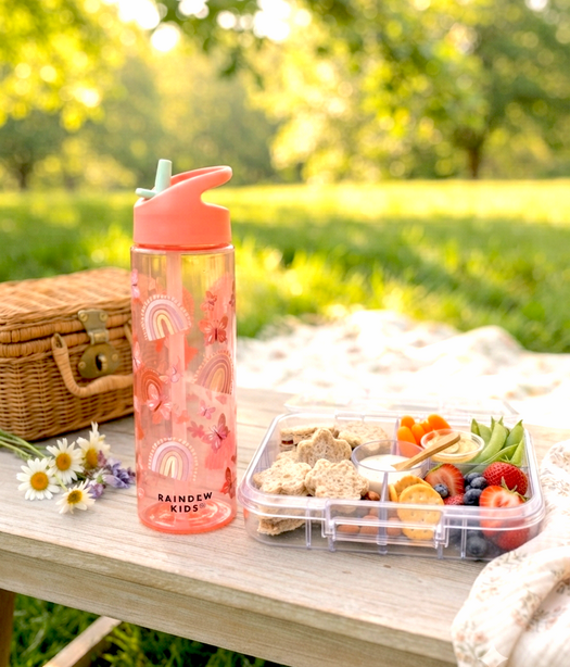 Raindew Kids Butterfly Water Bottle. Flip-up Spout/Straw Mechanism and an Integrated Carrying Loop.