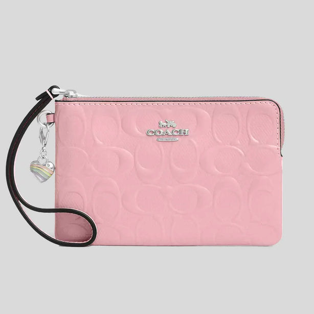 COACH Corner Zip Wristlet In Signature Leather With Heart Charm Silver/Pink RS-CDF04