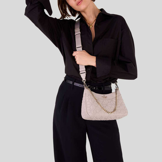 KATE SPADE Spade Flower Quilted Fabric Convertible Crossbody Bag Cozy Grey RS-KK077