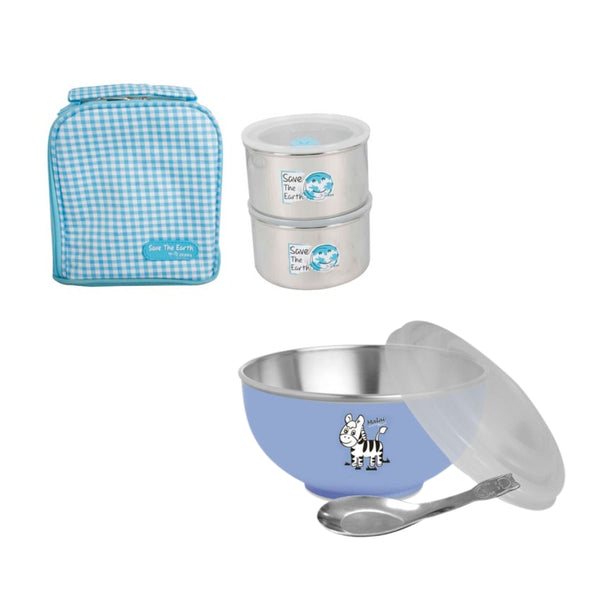 Zebra Kid Set II, Air Tight Food Storage 12cm x2pieces with Warmer Bag + Zebra Kiddy Bowl With Cartoon Spoon, Assorted Colours (Green, Pink, Blue And Yellow)