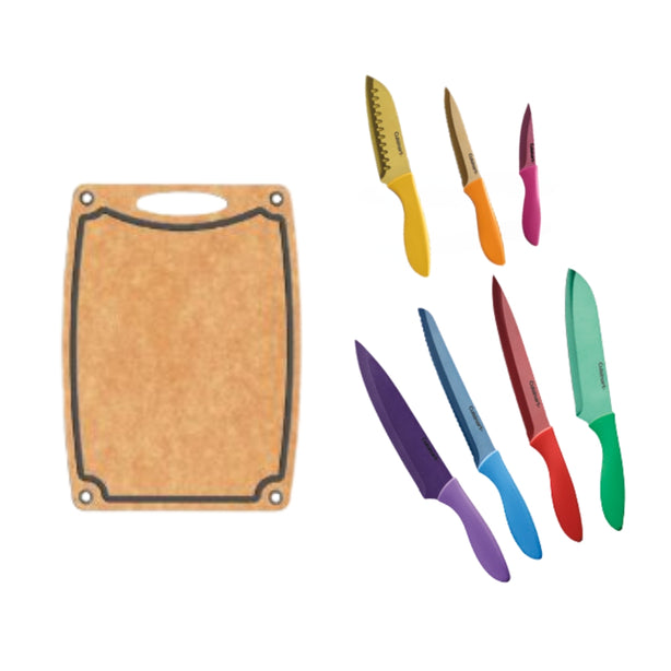 Safico Pro Wood Fibre Cutting Board With Silicone Pad & Handle L44xW32.5xH0.9cm, Natural/Black + Cuisinart Stainless Steel 7 Piece Metallic Colour Knife Set