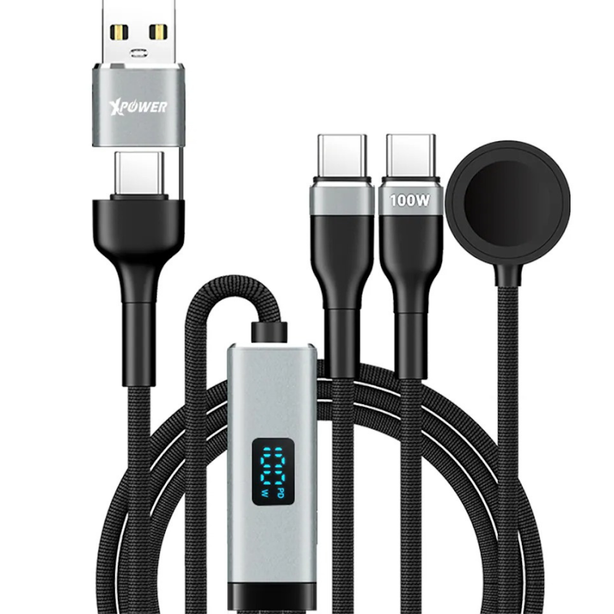 XPower Combo Watch CW1 6-in-1 Digital Display 2 to 3 100W Aluminum Alloy Charging Cable (1.2M) - Black