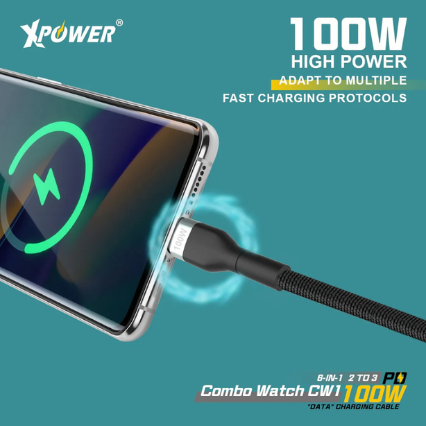 XPower Combo Watch CW1 6-in-1 Digital Display 2 to 3 100W Aluminum Alloy Charging Cable (1.2M) - Black