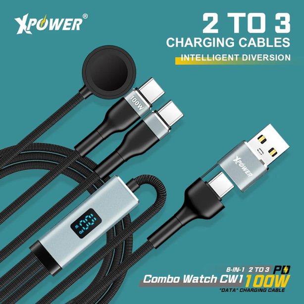 XPower Combo Watch CW1 6-in-1 Digital Display 2 to 3 100W Aluminum Alloy Charging Cable (1.2M) - Black