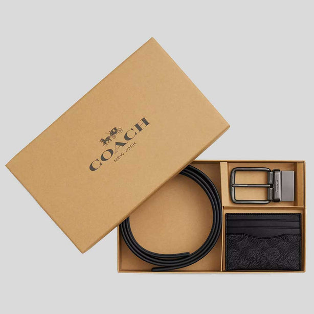 COACH Boxed Card Case And Belt Set In Signature Canvas Gunmetal/Charcoal/Black RS-CW351