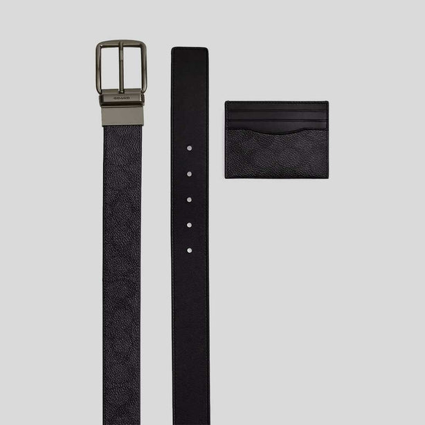 COACH Boxed Card Case And Belt Set In Signature Canvas Gunmetal/Charcoal/Black RS-CW351
