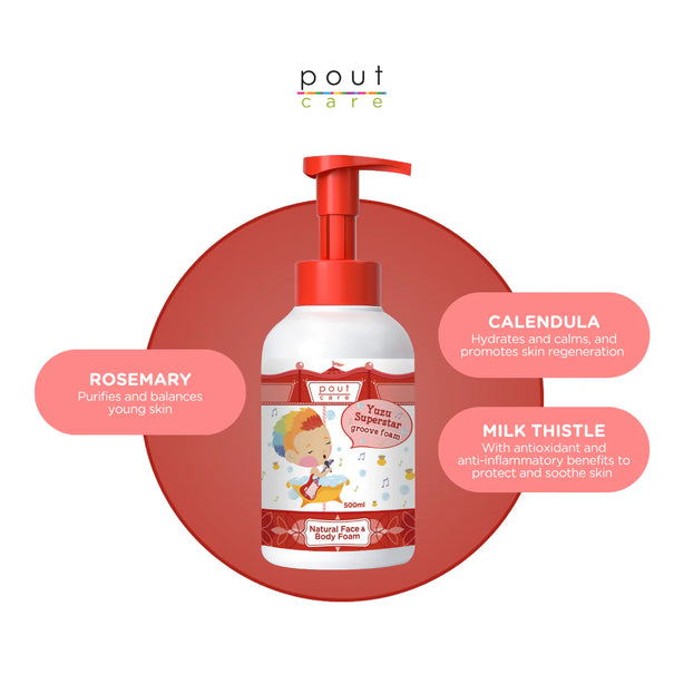 pout Care Natural Shampoo 250ml & Yuzu Face & Body Foam 500ml – Kids Shampoo & Body Foam Bundle