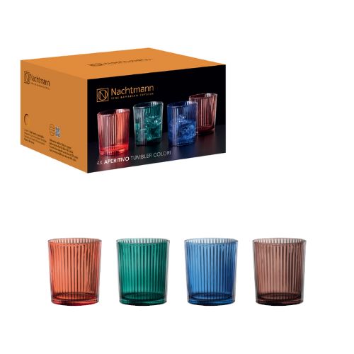 Nachtmann Lead Free Crystal Whisky Tumbler Ø8.6xH9.7cm, 370ml, Set Of 4pieces, Fox Red / Sea Green /Dark Blue / Mocca Mousse, Aperitivo