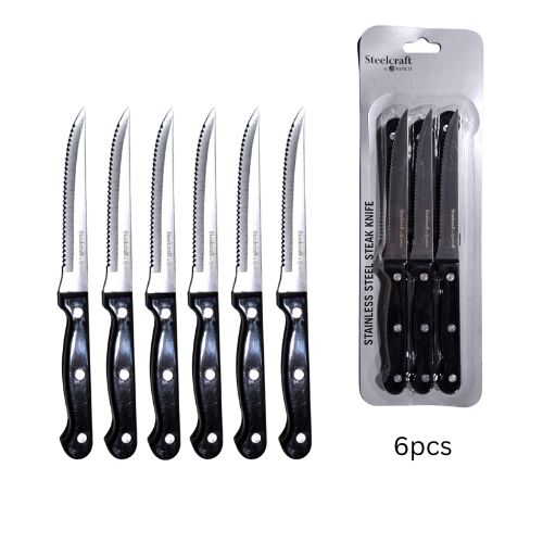 Steelcraft Steak Knife With Riveted Black Plc Handle L22cm, Sharp End, 6pieces/Pack