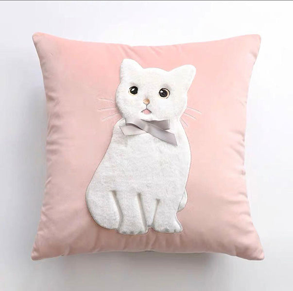 Velvet Fabric Cat Embroidery Baby Pink Covers Set of 2
