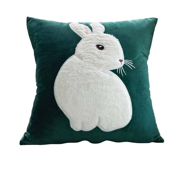 Velvet Fabric Rabbit Embroidery Emerald Green Cushion Covers Set of 2