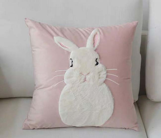 Velvet Fabric Front Rabbit Embroidery Pink Cushion Cover Set of 2
