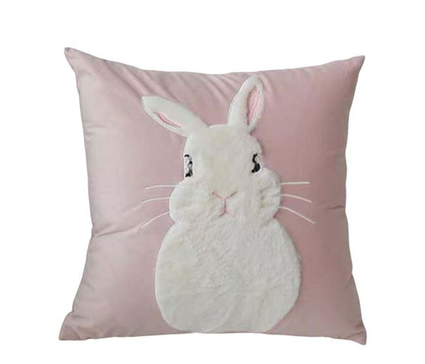 Velvet Fabric Front Rabbit Embroidery Pink Cushion Cover Set of 2