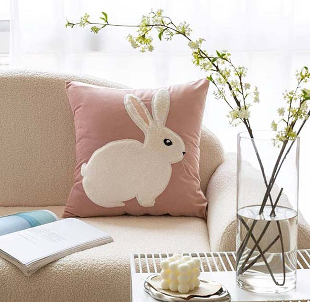 Velvet Fabric Side Rabbit Embroidery Pink Cushion Covers Set of 2