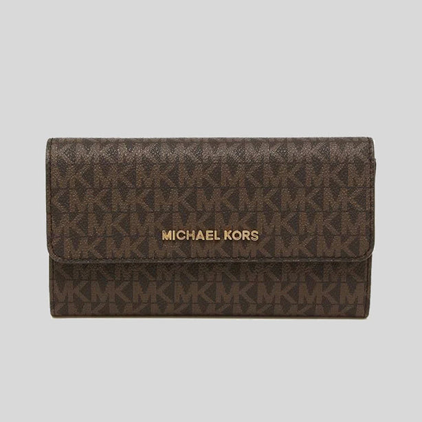 Michael Kors Jet Set Travel Large Trifold Wallet In Signature Coated Canvas Brown RS-35F8GTVF3B