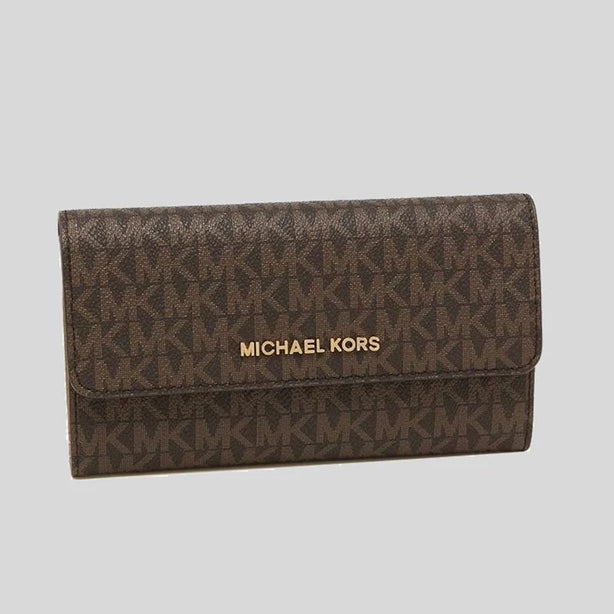 Michael Kors Jet Set Travel Large Trifold Wallet In Signature Coated Canvas Brown RS-35F8GTVF3B