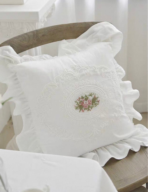 Ruffled White Lace With French Rose Embroidered Cushion Covers Set of 2