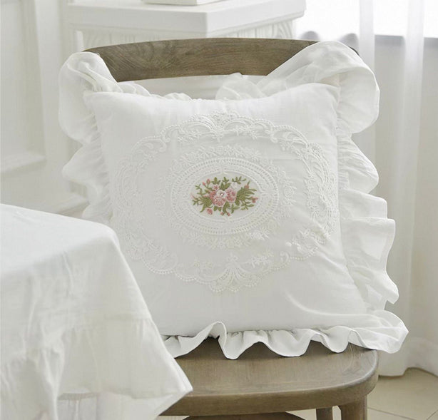 Ruffled White Lace With French Rose Embroidered Cushion Covers Set of 2