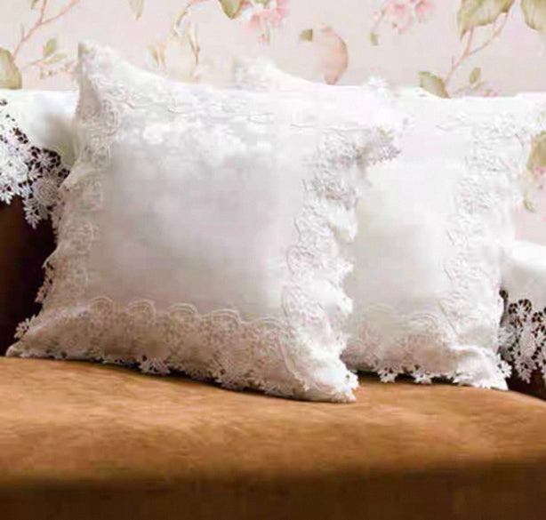White Lace With French Rose Embroidered Cushion Covers Set of 2