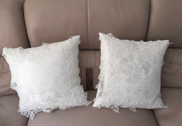 White Lace With French Rose Embroidered Cushion Covers Set of 2