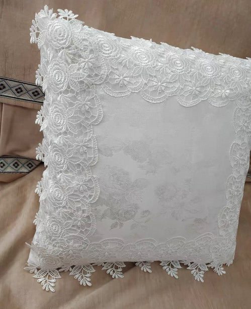 White Lace With French Rose Embroidered Cushion Covers Set of 2