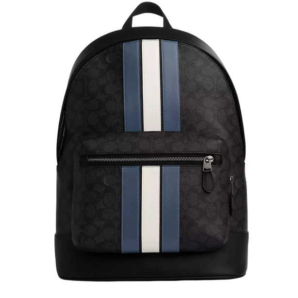 Coach West Backpack Bag In Signature Canvas With Varsity Stripe - Charcoal/ Denim/ Chalk CV922