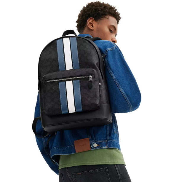Coach West Backpack Bag In Signature Canvas With Varsity Stripe - Charcoal/ Denim/ Chalk CV922