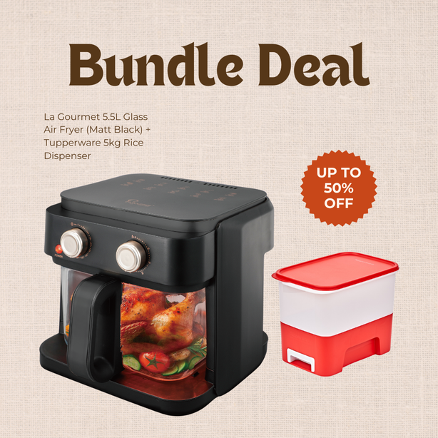 La Gourmet 5.5L Glass Air Fryer (Matt Black) + Tupperware 5kg Rice Dispenser