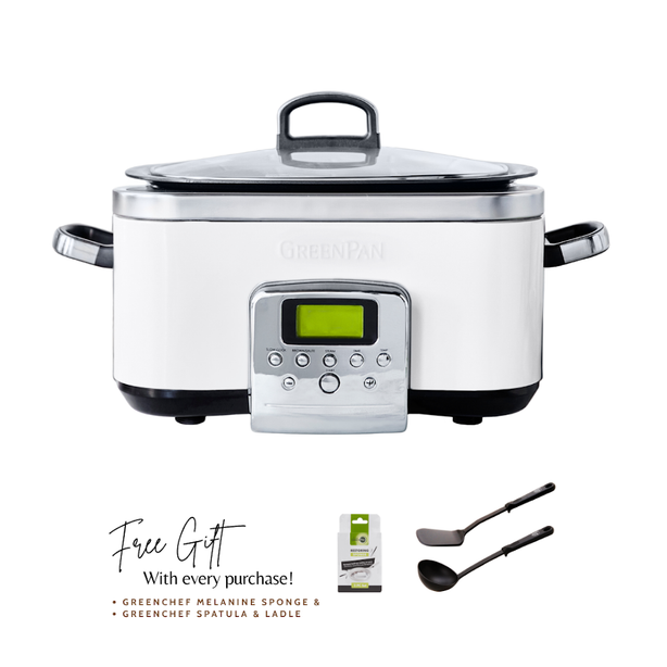 Greenpan Elite Slow Cooker 6L - Cloud Cream + GreenPan Melamine Sponge + Greenchef Spatula & Ladle