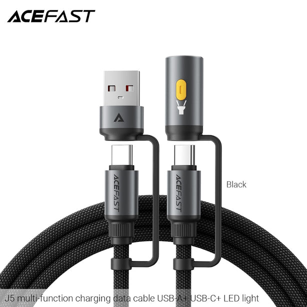 Acefast J5 Multi-Function Charging Data Cable USB-A+ USB-C+ LED Light - Black